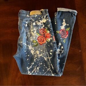 7 For All Mankind Jeans with Red Floral Design Thrashed Paint Splatter Size 10